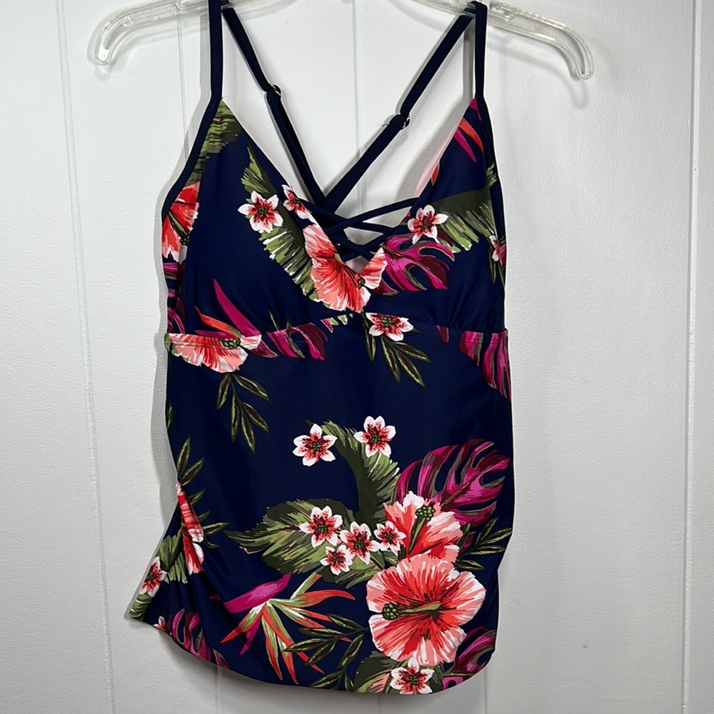Kona Sol Navy Floral Crisscross Tankini Top